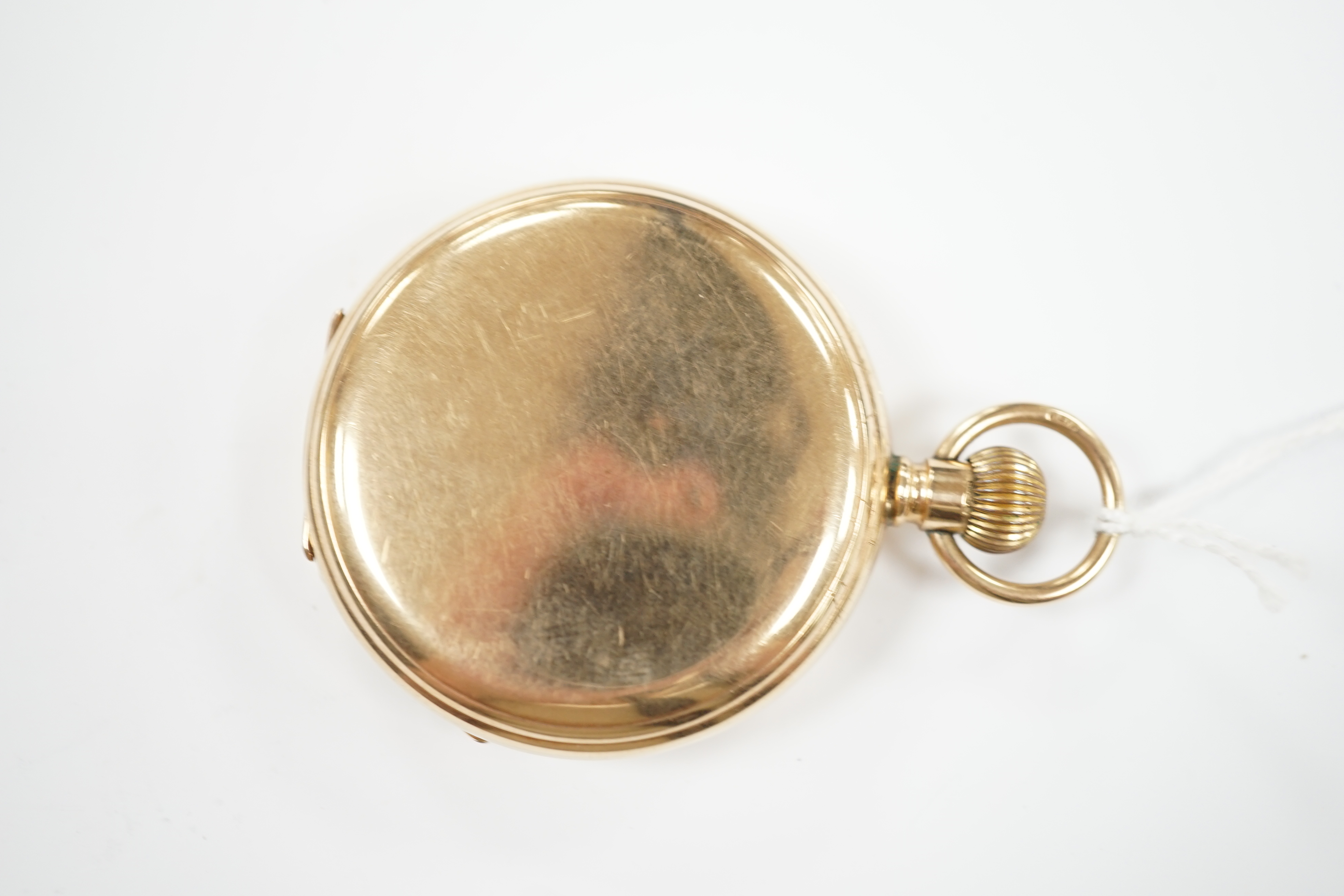 A George V 9ct gold keyless hunter pocket watch, by Thomas Russell of Liverpool, with Roman dial and subsidiary seconds, case diameter 50mm, gross weight 90.4 grams.